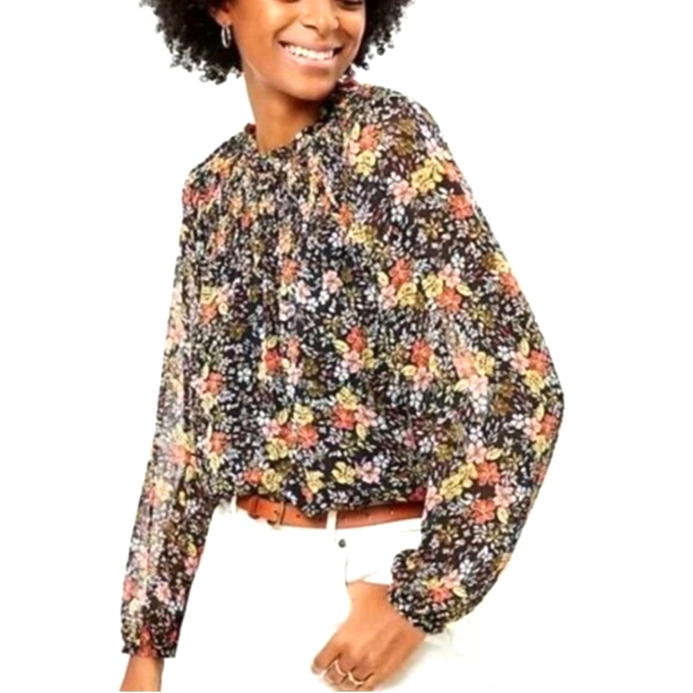 LOFT Smocked-yoke Floral Chiffon Top, size XS